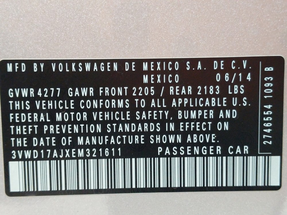 2014 Volkswagen Jetta - VIN Plate