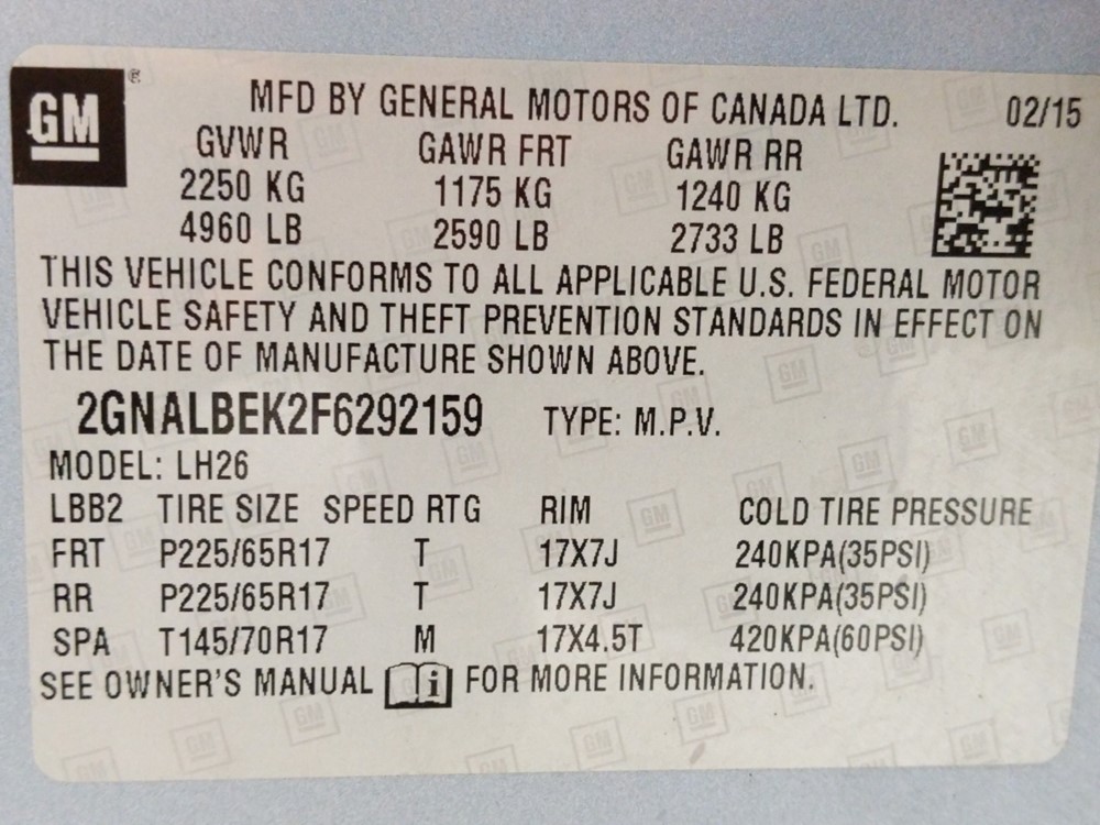 2015 Chevrolet Equinox - VIN Plate