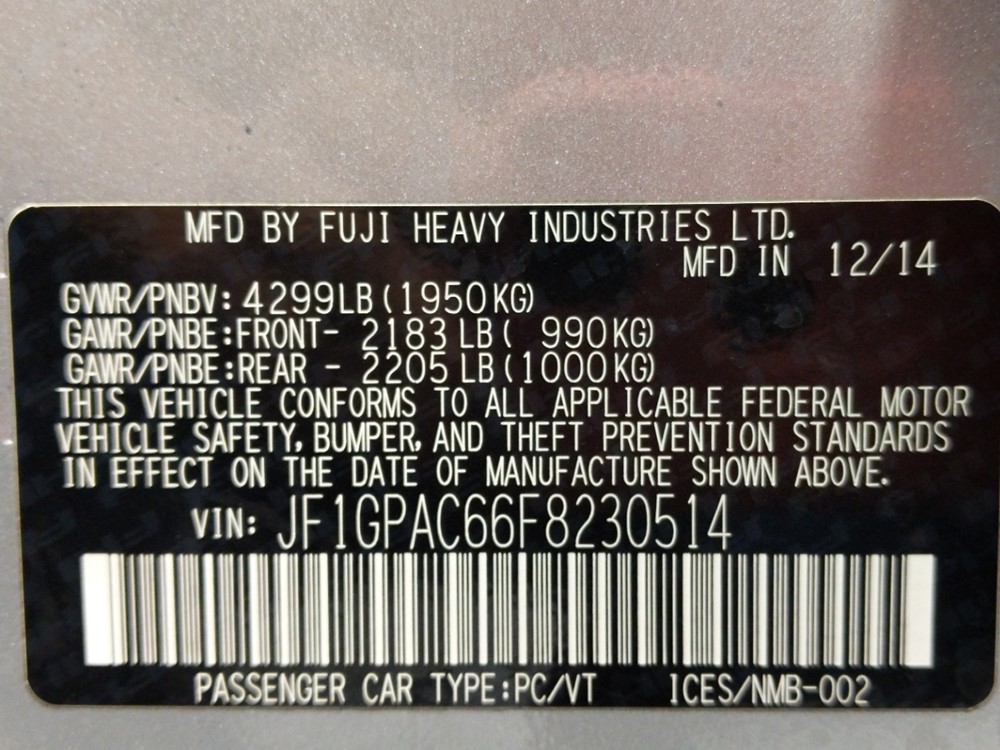 2015 Subaru Impreza - VIN Plate