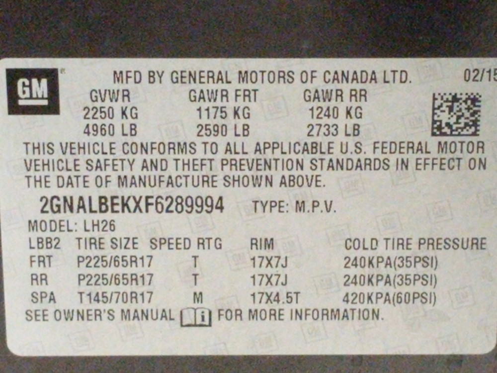 2015 Chevrolet Equinox - VIN Plate