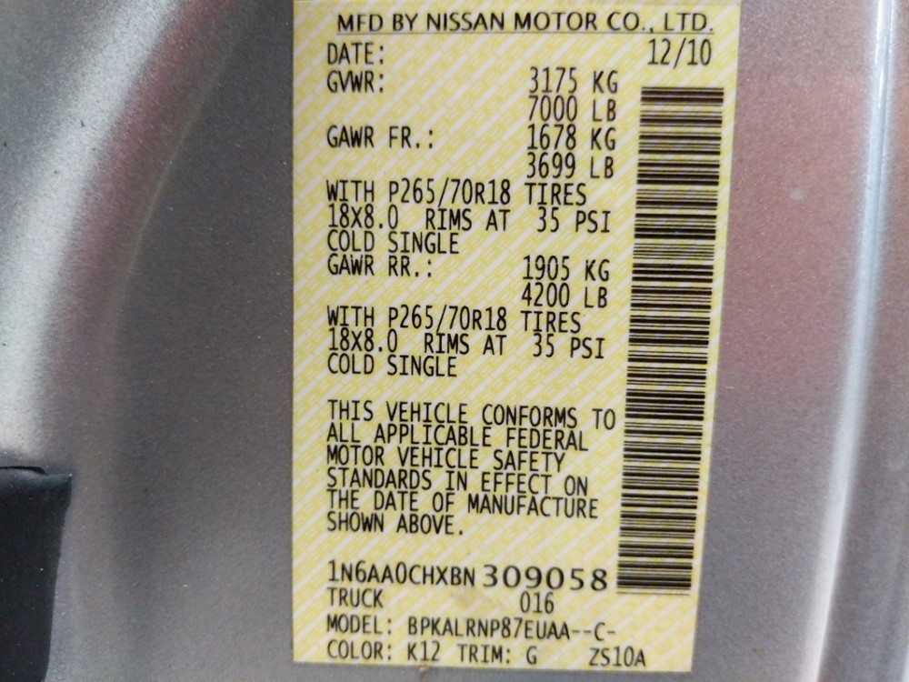 2011 Nissan Titan - VIN Plate
