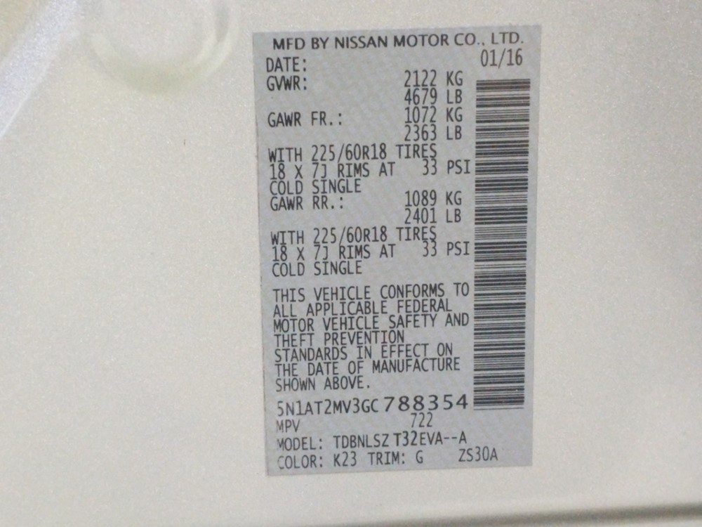 2016 Nissan Rogue - VIN Plate