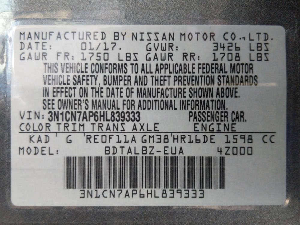 2017 Nissan Versa - VIN Plate