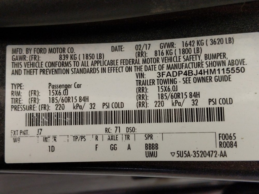 2017 Ford Fiesta - VIN Plate