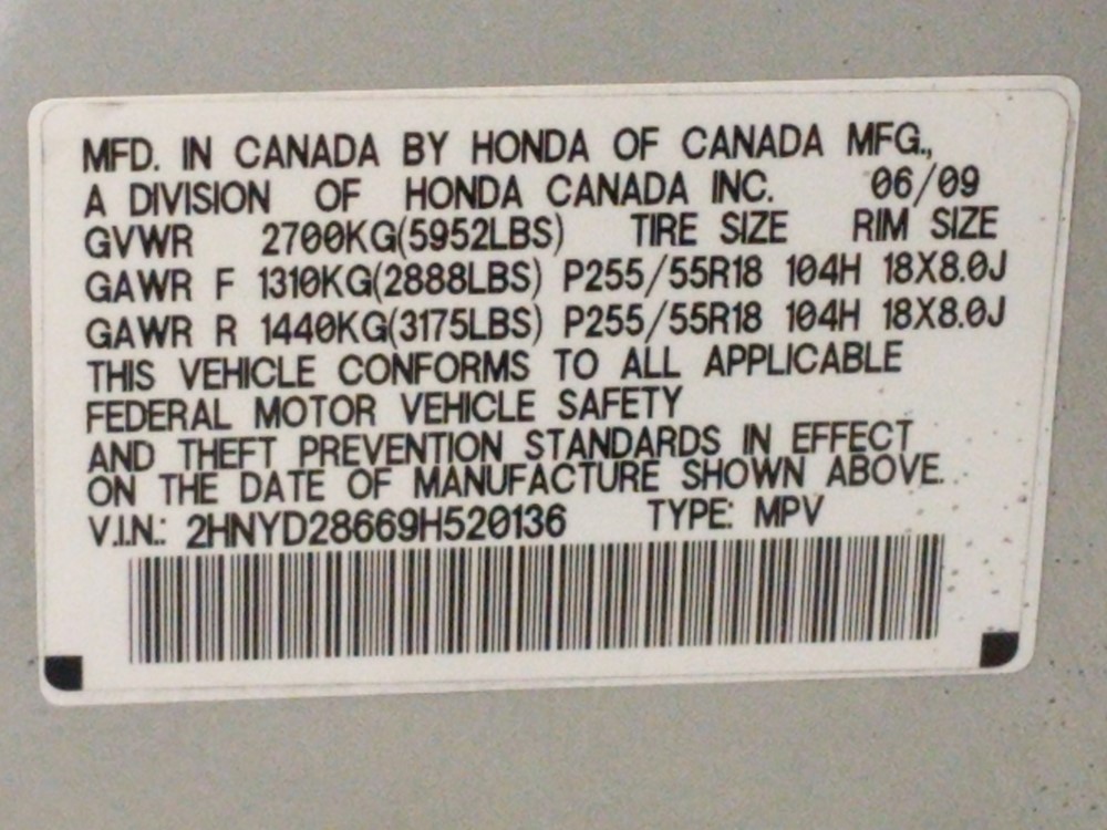 2009 Acura MDX - VIN Plate