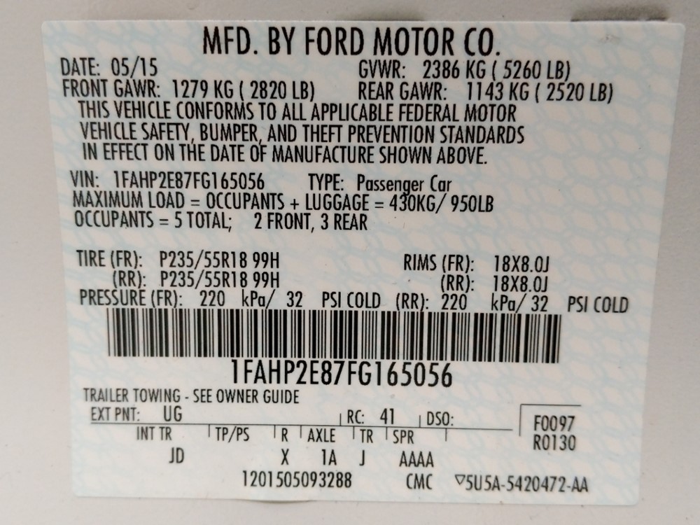 2015 Ford Taurus - VIN Plate