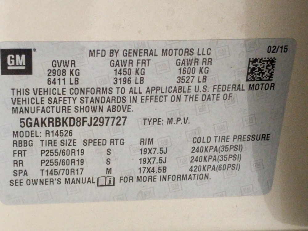 2015 Buick Enclave - VIN Plate