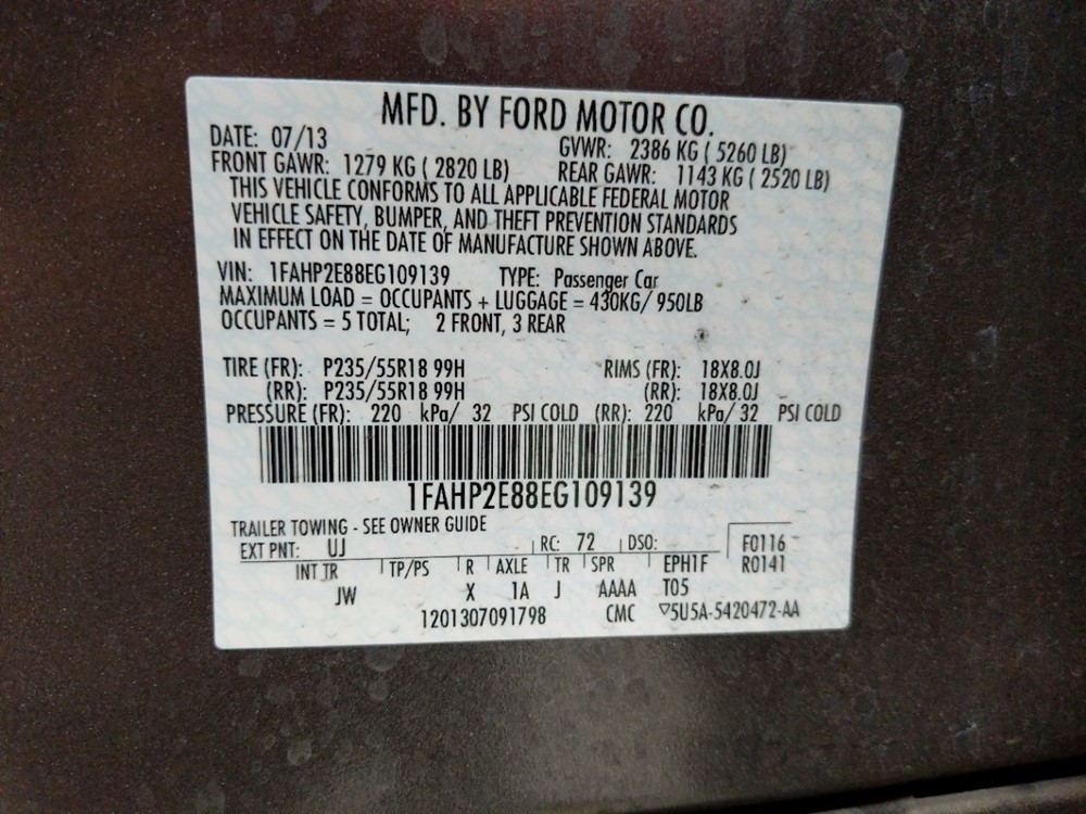 2014 Ford Taurus - VIN Plate