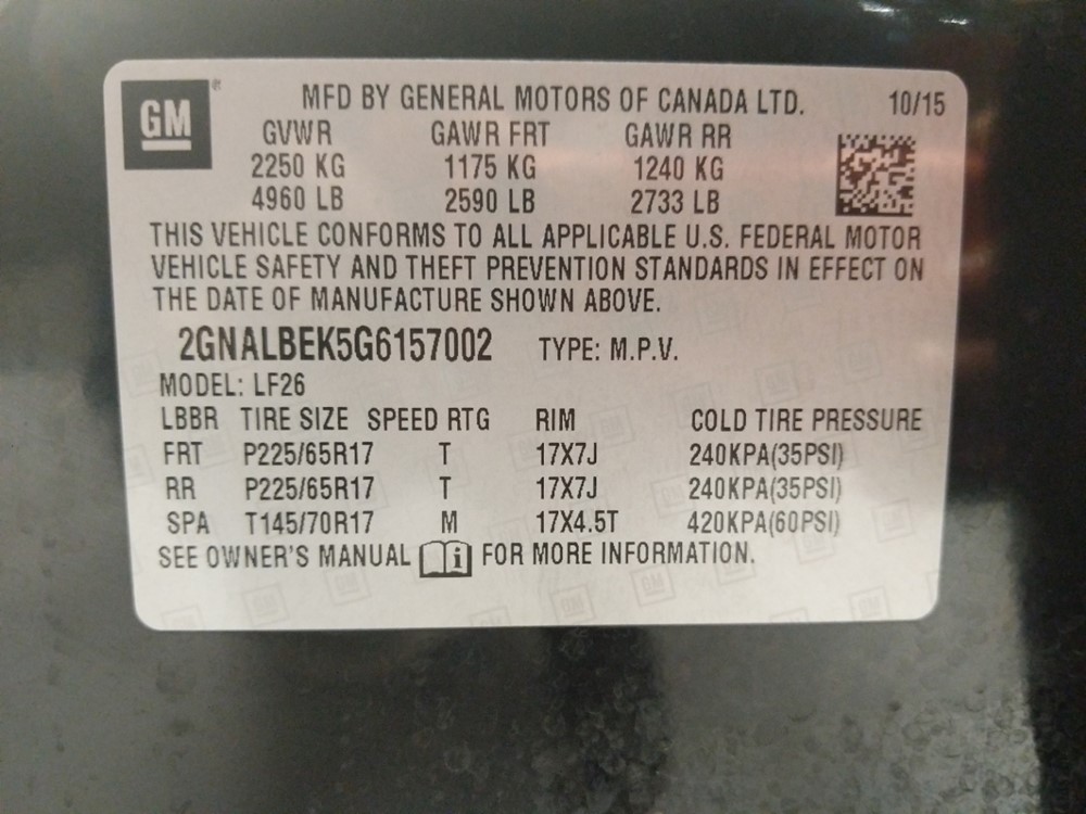 2016 Chevrolet Equinox - VIN Plate