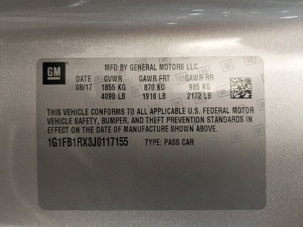 2018 Chevrolet Camaro - VIN Plate