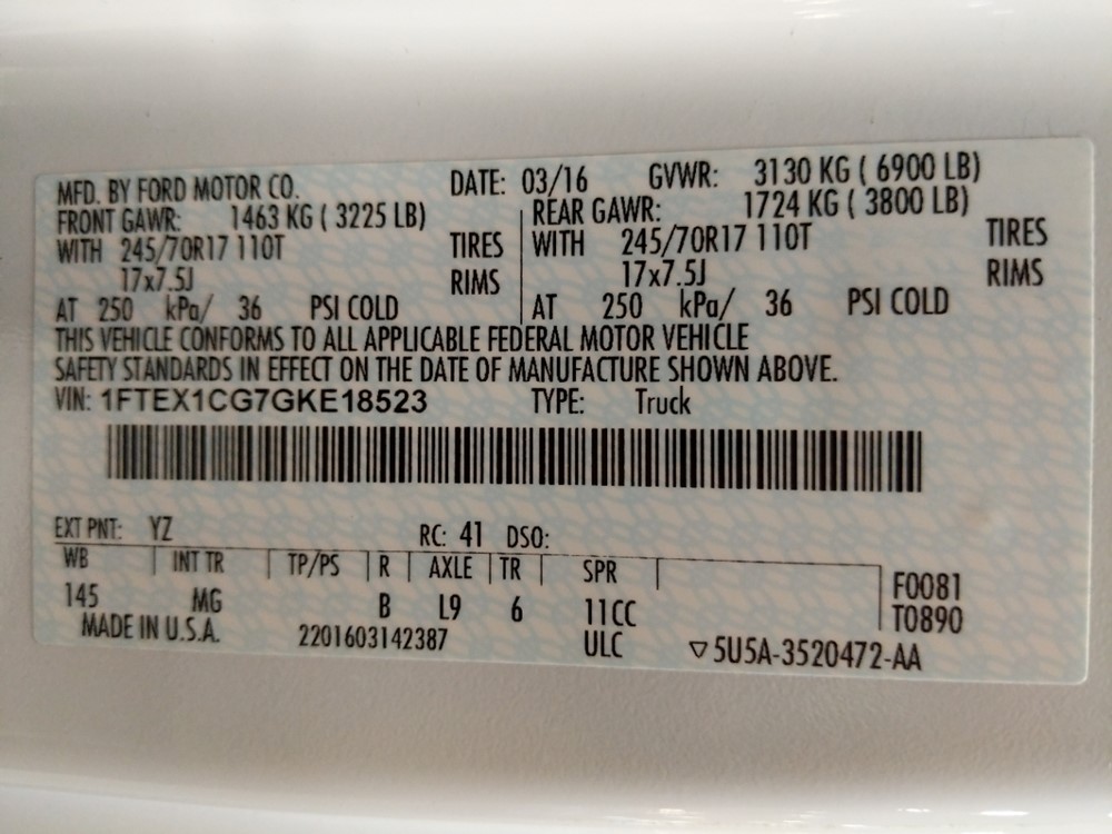 2016 Ford F-150 - VIN Plate