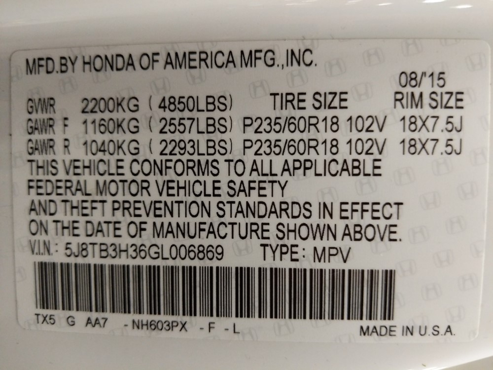 2016 Acura RDX - VIN Plate