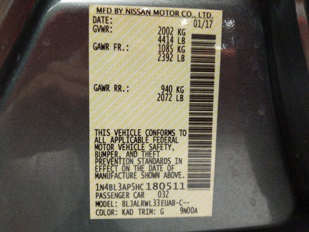 2017 Nissan Altima - VIN Plate