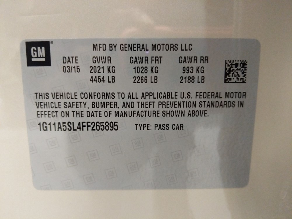 2015 Chevrolet Malibu - VIN Plate