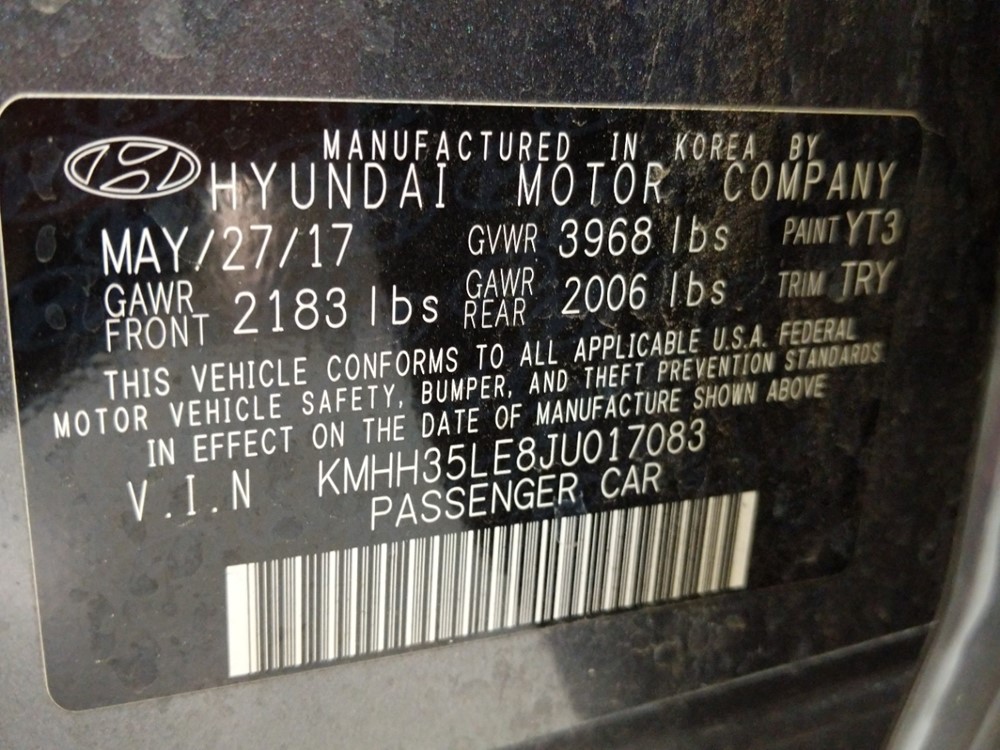 2018 Hyundai Elantra - VIN Plate