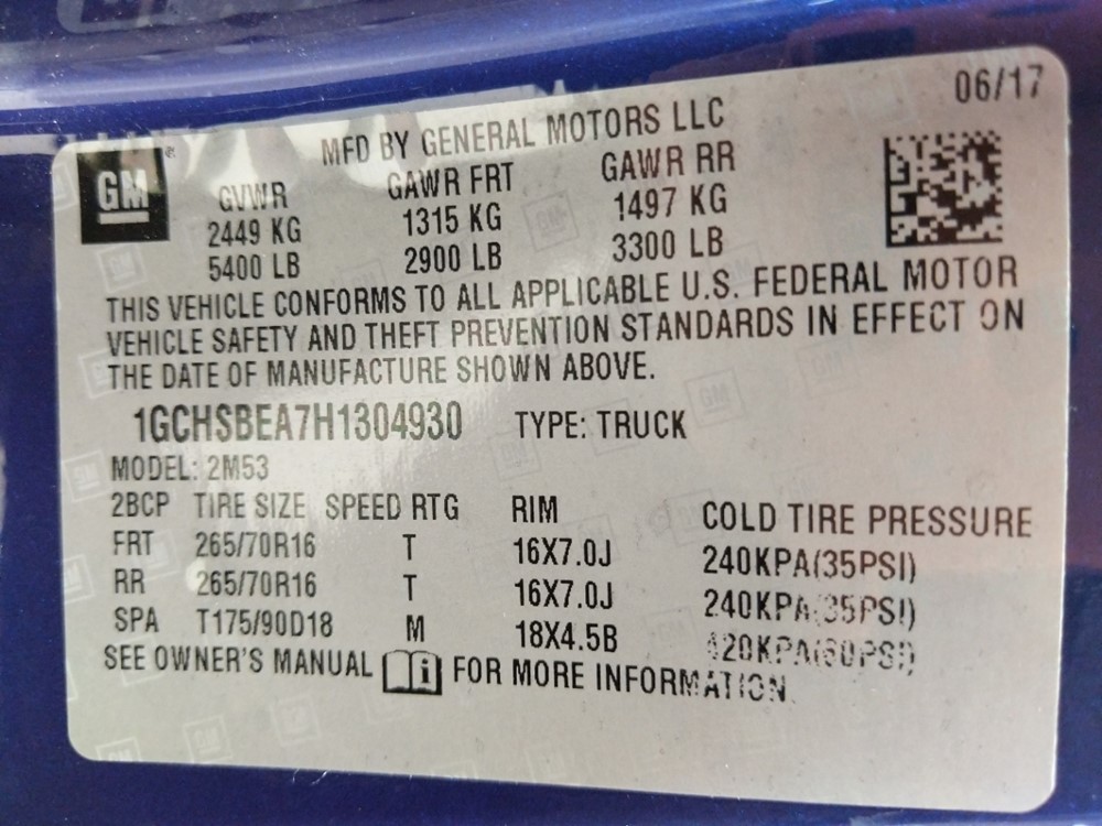 2017 Chevrolet Colorado - VIN Plate