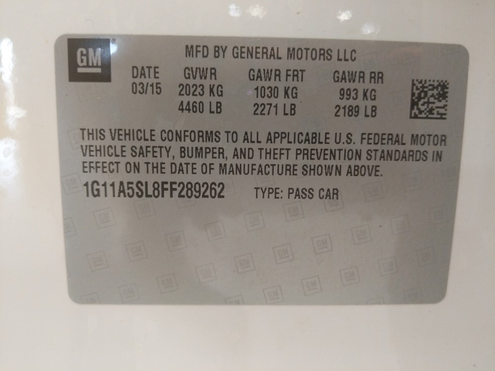 2015 Chevrolet Malibu - VIN Plate