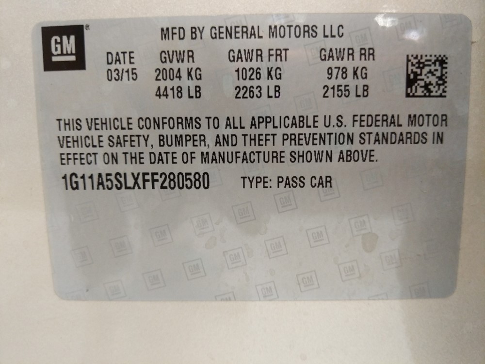 2015 Chevrolet Malibu - VIN Plate