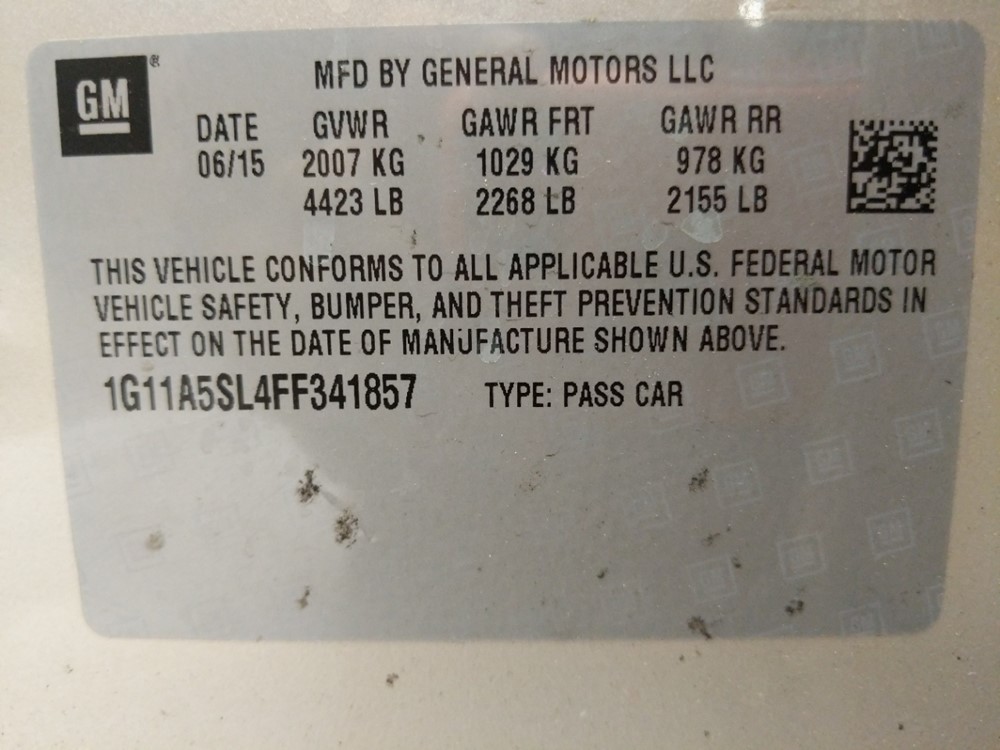 2015 Chevrolet Malibu - VIN Plate