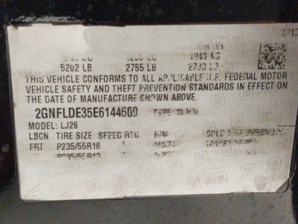 2014 Chevrolet Equinox - VIN Plate