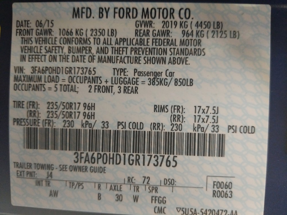2016 Ford Fusion - VIN Plate