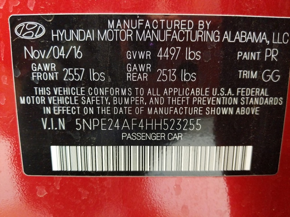 2017 Hyundai Sonata - VIN Plate