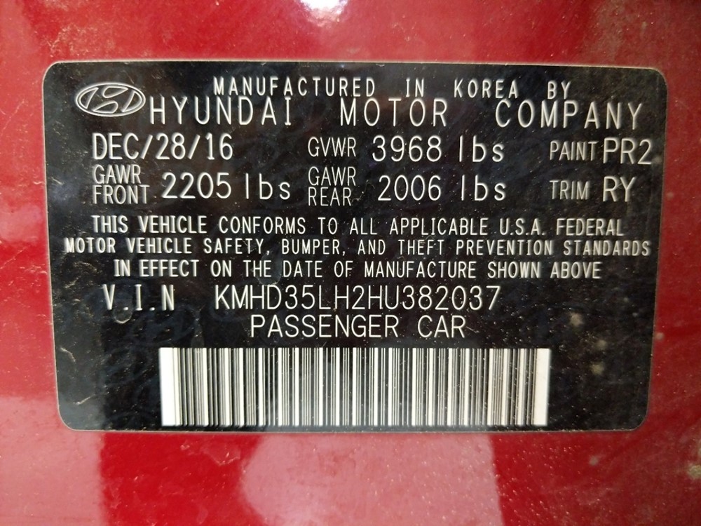 2017 Hyundai Elantra - VIN Plate