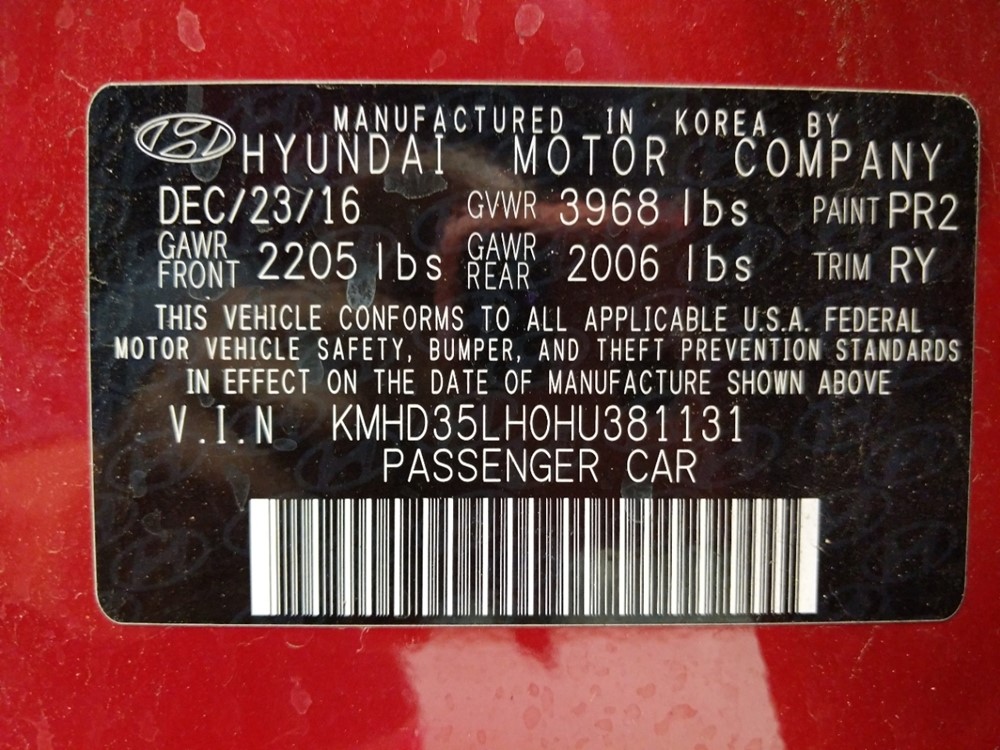 2017 Hyundai Elantra - VIN Plate