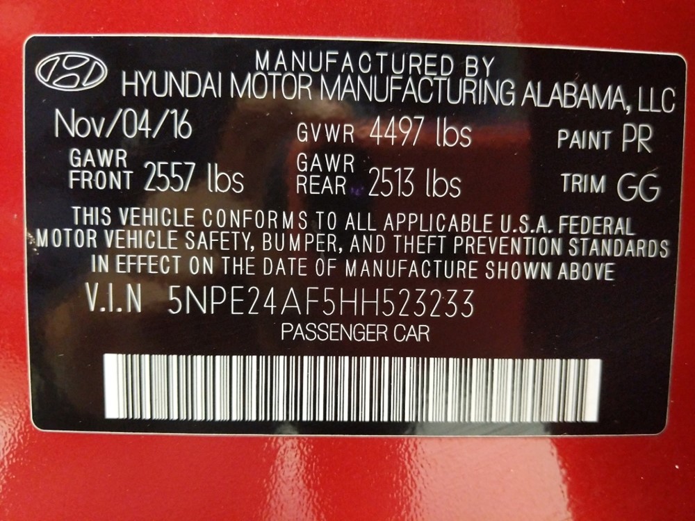 2017 Hyundai Sonata - VIN Plate