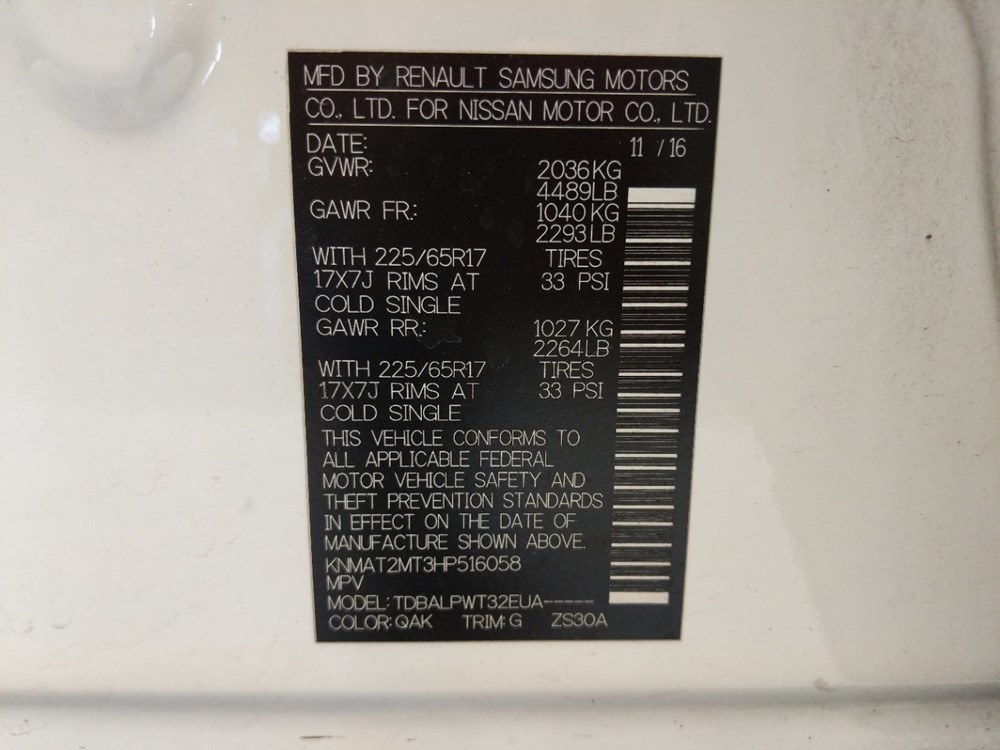 2017 Nissan Rogue - VIN Plate