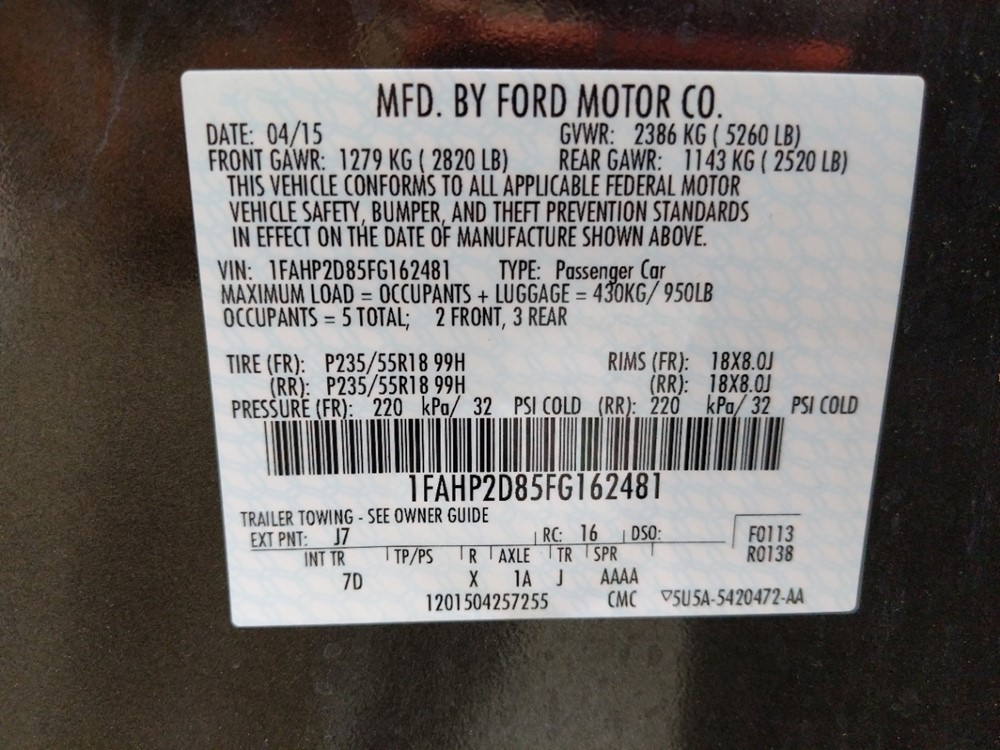 2015 Ford Taurus - VIN Plate