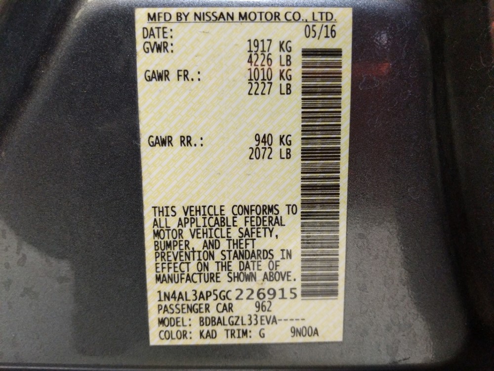 2016 Nissan Altima - VIN Plate