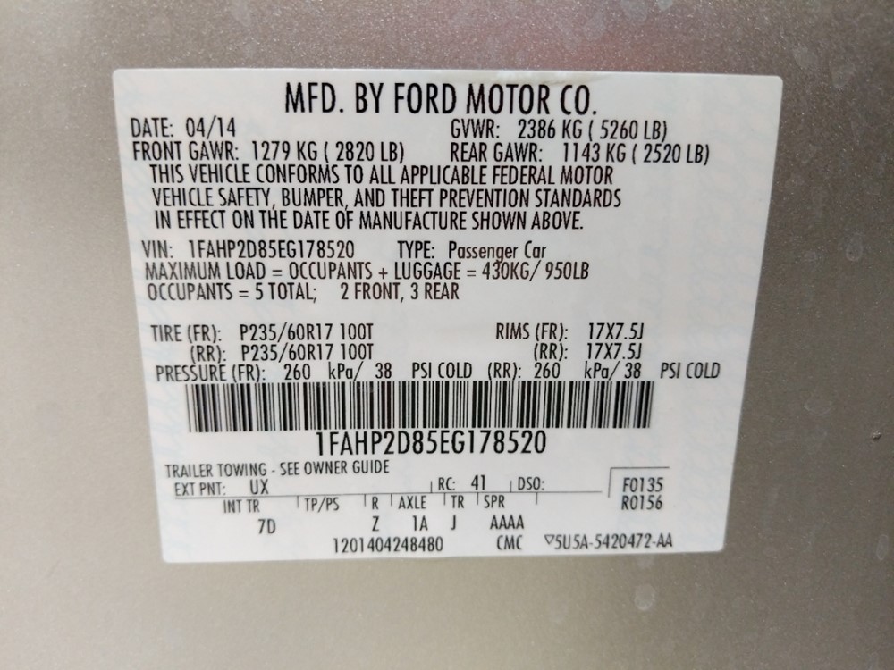 2014 Ford Taurus - VIN Plate