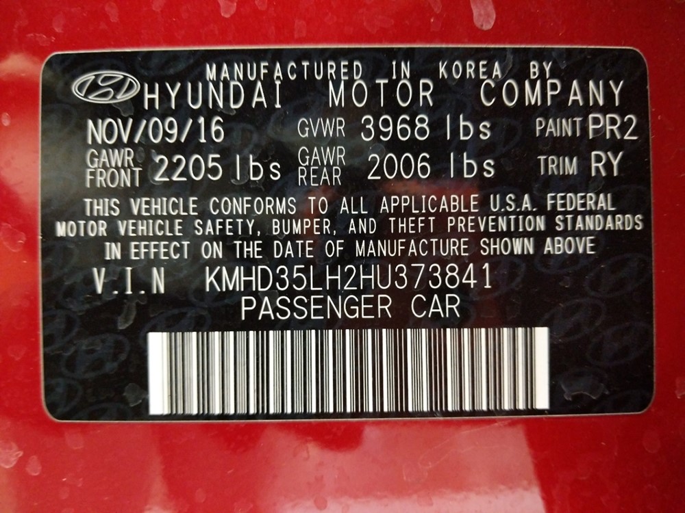 2017 Hyundai Elantra - VIN Plate