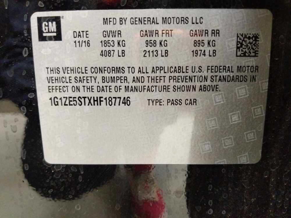 2017 Chevrolet Malibu - VIN Plate