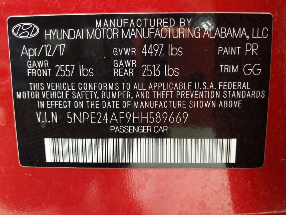 2017 Hyundai Sonata - VIN Plate