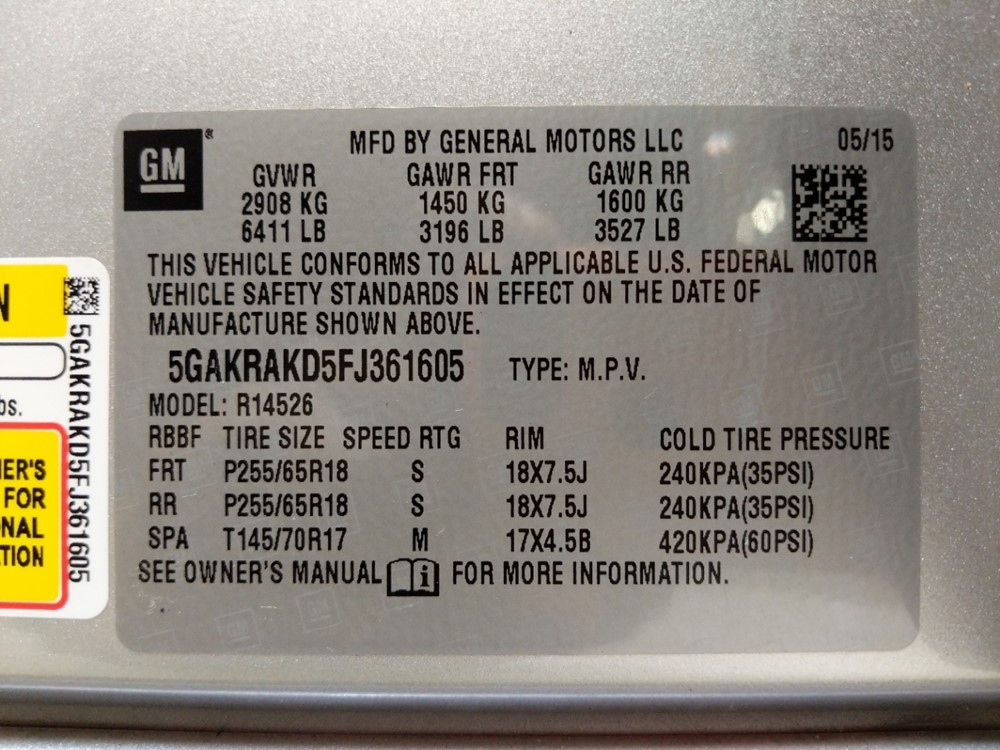 2015 Buick Enclave - VIN Plate