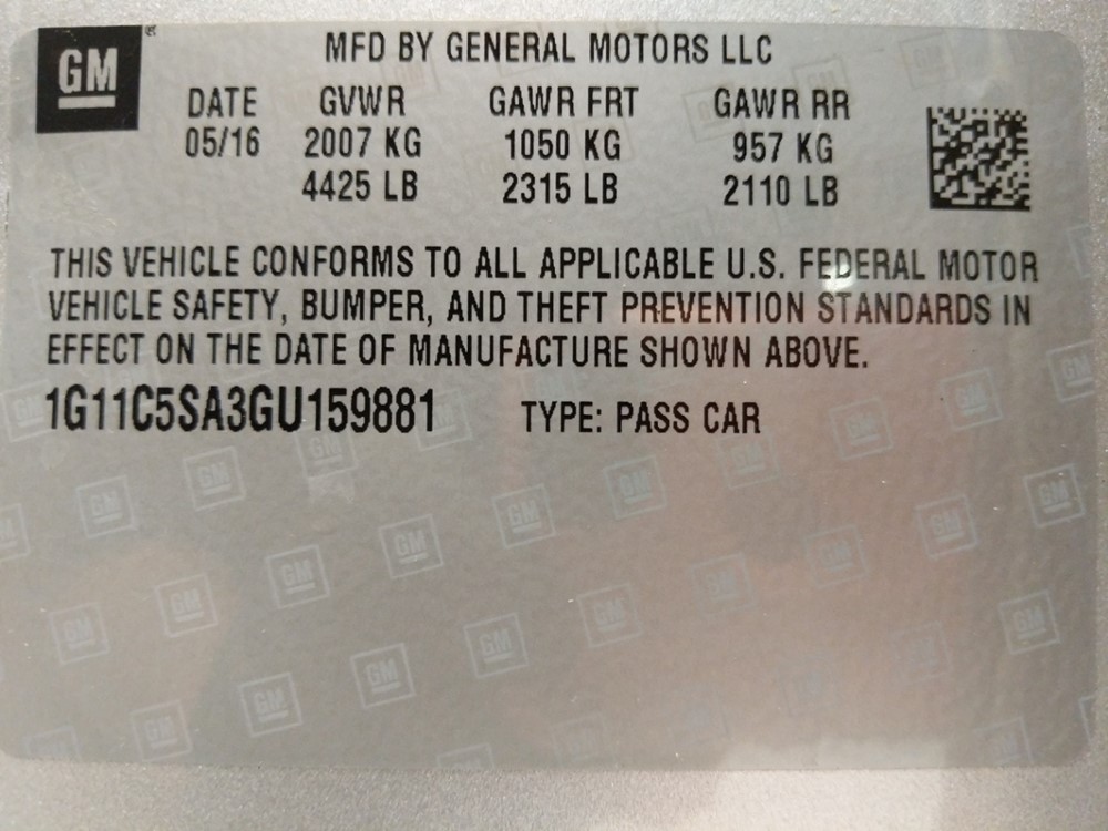 2016 Chevrolet Malibu - VIN Plate