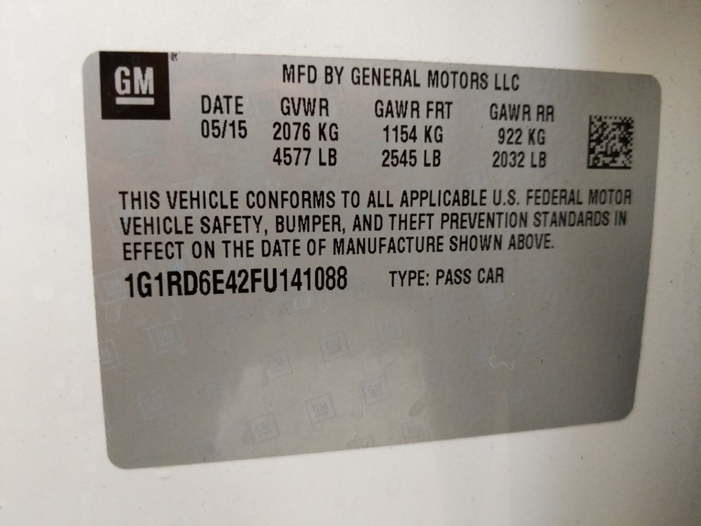 2015 Chevrolet Volt - VIN Plate