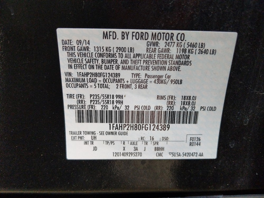 2015 Ford Taurus - VIN Plate