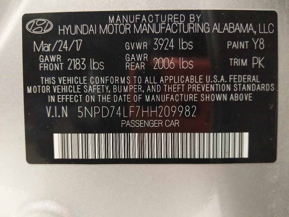 2017 Hyundai Elantra - VIN Plate