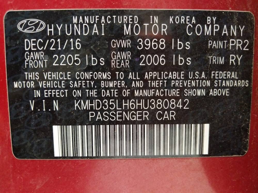 2017 Hyundai Elantra - VIN Plate