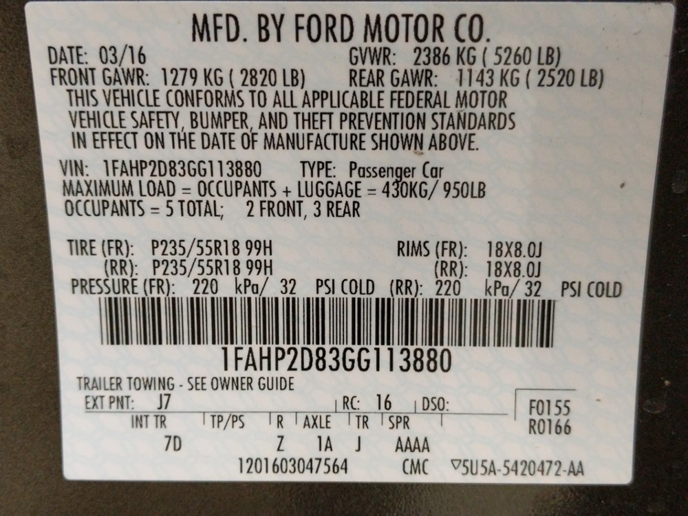 2016 Ford Taurus - VIN Plate
