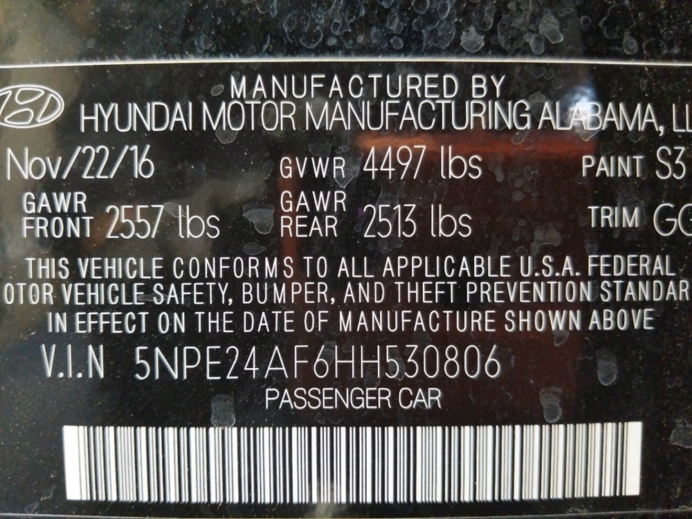 2017 Hyundai Sonata - VIN Plate
