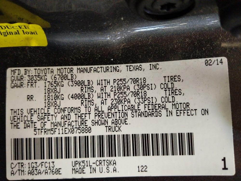 2014 Toyota Tundra - VIN Plate