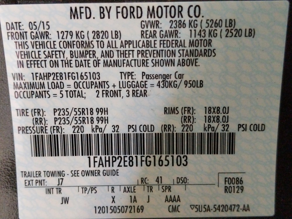 2015 Ford Taurus - VIN Plate