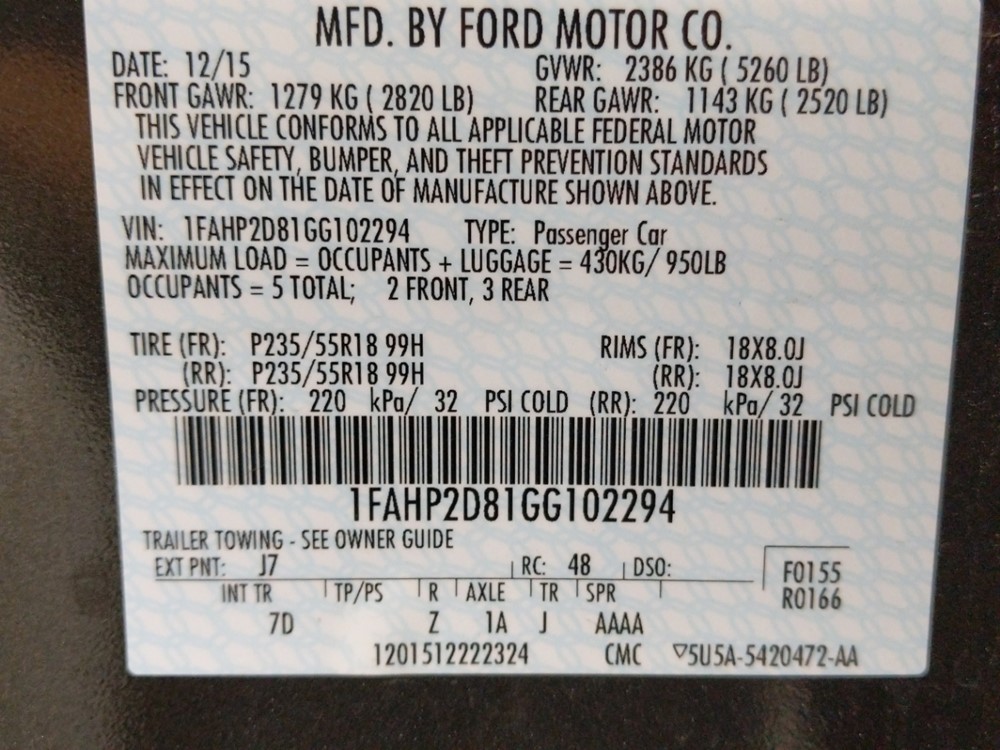 2016 Ford Taurus - VIN Plate