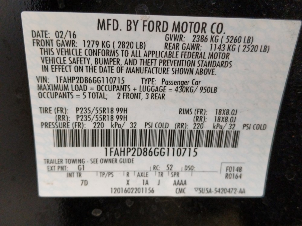 2016 Ford Taurus - VIN Plate