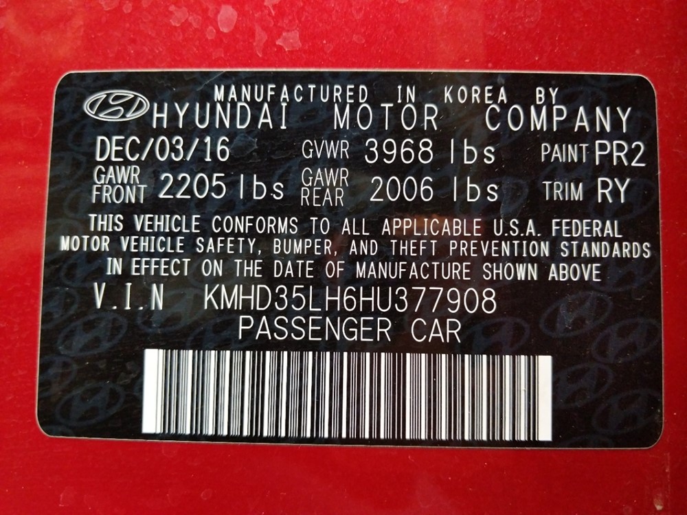 2017 Hyundai Elantra - VIN Plate