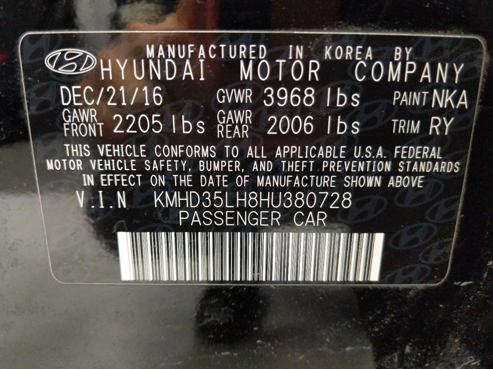 2017 Hyundai Elantra - VIN Plate